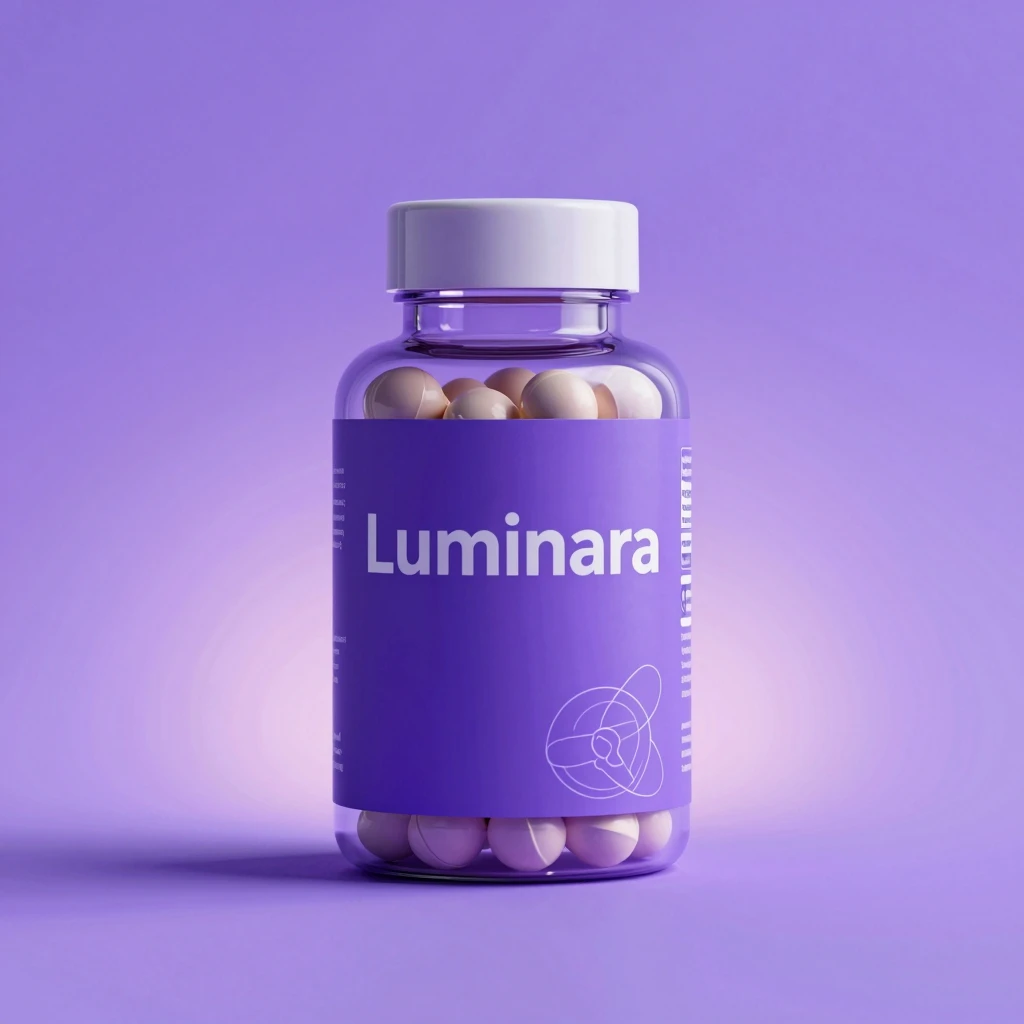 Luminara daily blend supplement bottle with soft gradient glow